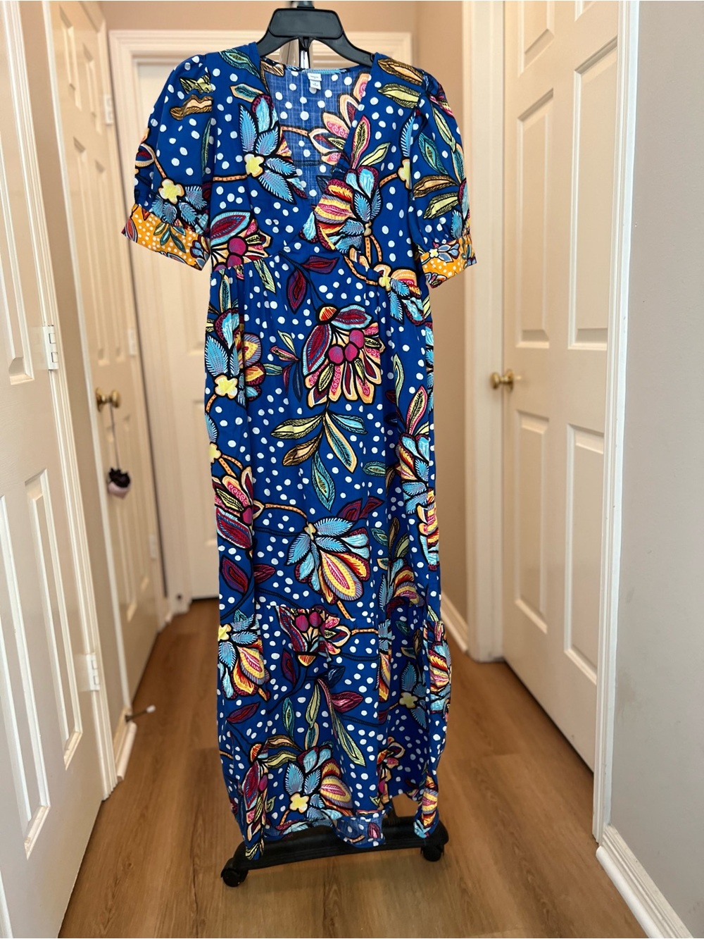 Tabitha Vintage Brown Blue Polka Dot Floral Trim Maxi Dress